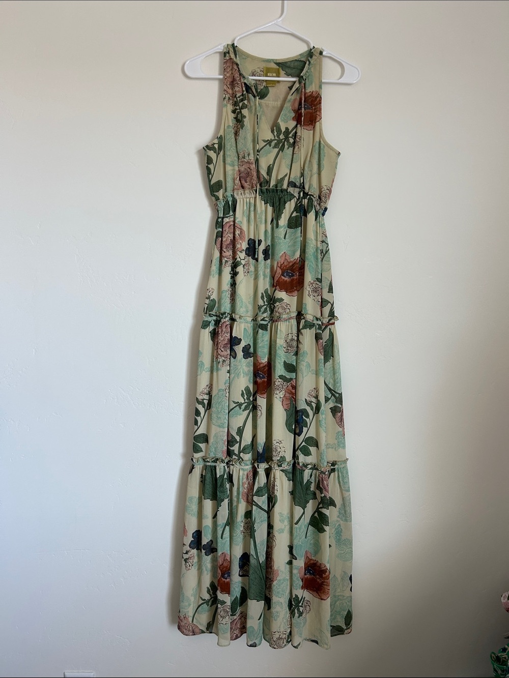 Anthropologie Maeve Floral Tiered Maxi Dress in Sage and Rust